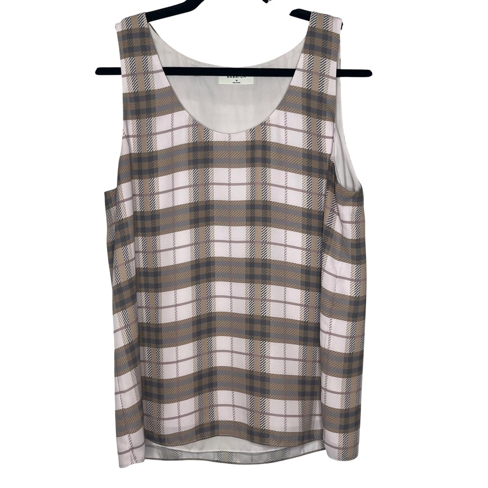 Babaton Plaid Pink Tan Grey Sleeveless Blouse Medium
Scoop Neck Lined‎